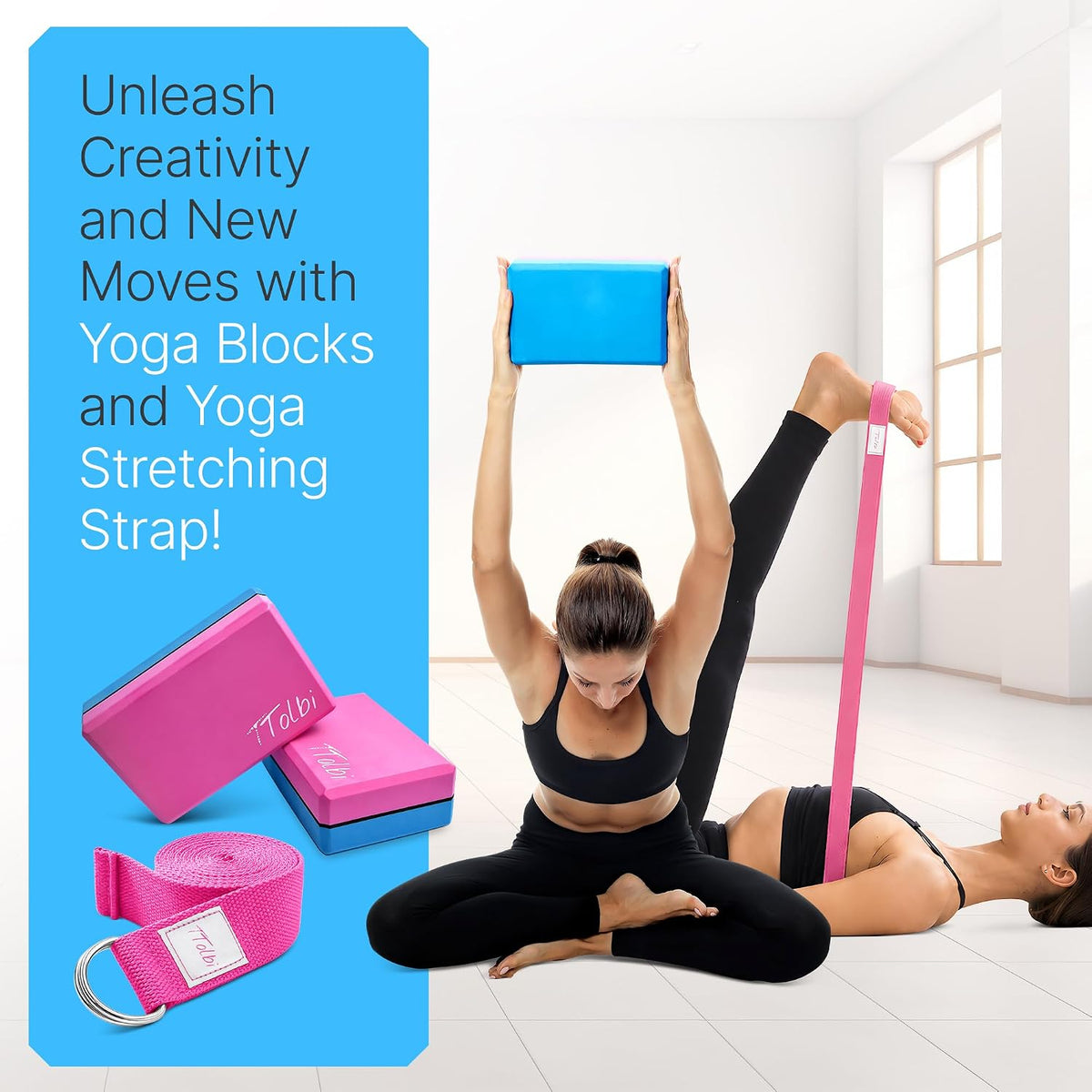Yoga Blocks 2 Pack with Strap and Guide – Soft Non-Slip EVA Foam Blocks