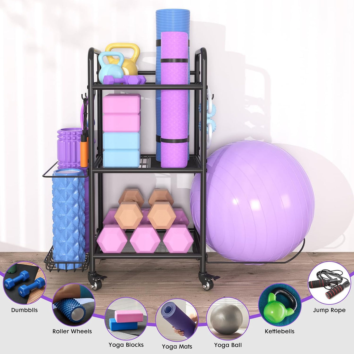 Home Gym Storage Rack Exercise Equipment Storage Organizer for Yoga Mat Dumbbells Kettlebells Foam Roller Yoga Strap & Resistance Bands, Ideal Yoga Mat Holder & Workout Equipment Organizer