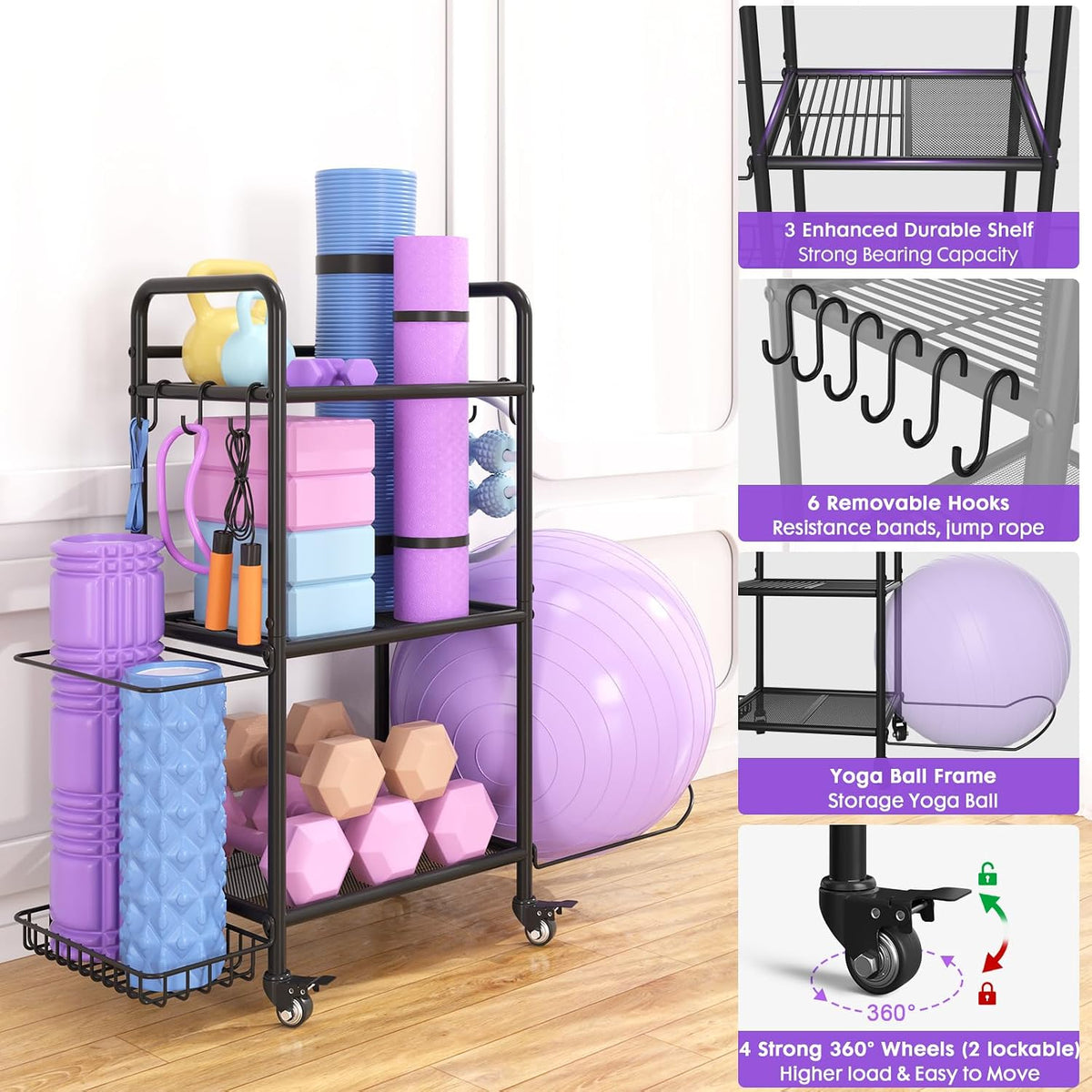 Home Gym Storage Rack Exercise Equipment Storage Organizer for Yoga Mat Dumbbells Kettlebells Foam Roller Yoga Strap & Resistance Bands, Ideal Yoga Mat Holder & Workout Equipment Organizer