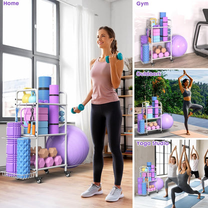 Home Gym Storage Rack Exercise Equipment Storage Organizer for Yoga Mat Dumbbells Kettlebells Foam Roller Yoga Strap & Resistance Bands, Ideal Yoga Mat Holder & Workout Equipment Organizer