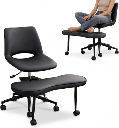 Ergonomic Cross Legged Chair with High Lumbar Support, 360° Swivel Meditation Chair with Wheels - Adjustable Height for ADHD Desk & Yoga, PU Leather Yoga Stool for Home, Black
