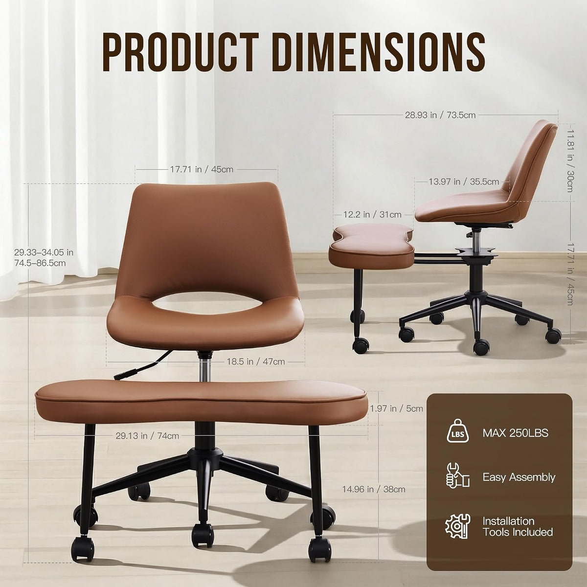 Ergonomic Cross Legged Chair with High Lumbar Support, 360° Swivel Meditation Chair with Wheels - Adjustable Height for ADHD Desk & Yoga, PU Leather Yoga Stool for Home, Black