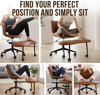 Ergonomic Cross Legged Chair with High Lumbar Support, 360° Swivel Meditation Chair with Wheels - Adjustable Height for ADHD Desk & Yoga, PU Leather Yoga Stool for Home, Black
