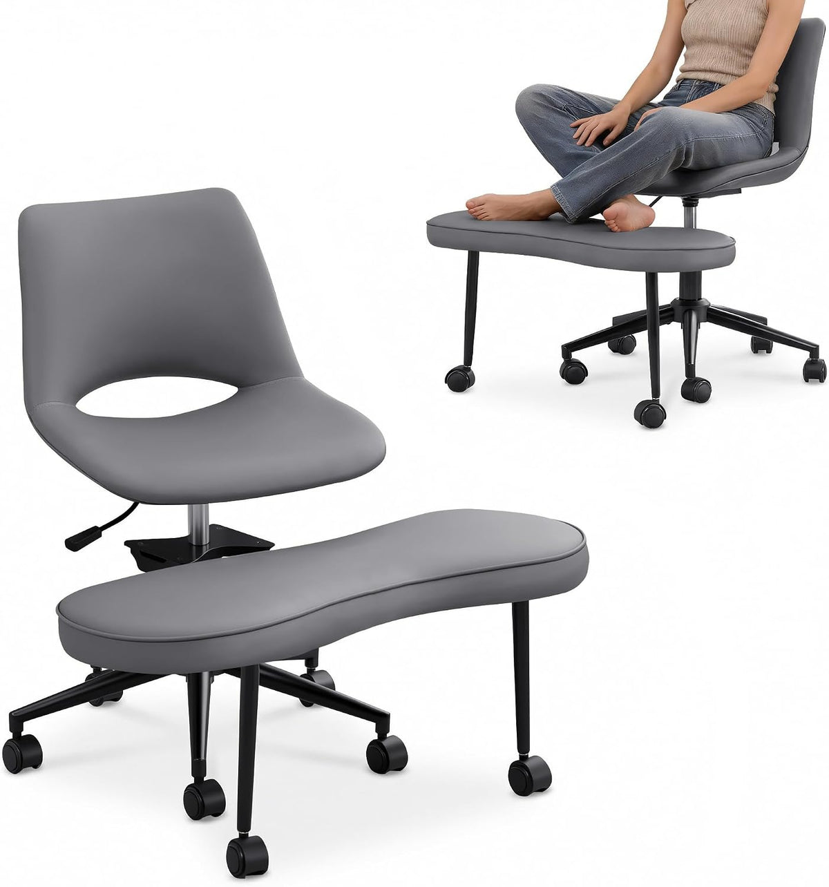 Ergonomic Cross Legged Chair with High Lumbar Support, 360° Swivel Meditation Chair with Wheels - Adjustable Height for ADHD Desk & Yoga, PU Leather Yoga Stool for Home, Black