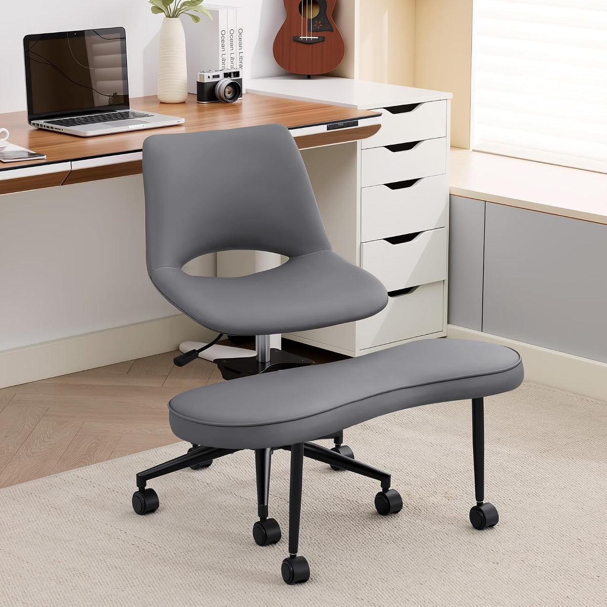 Ergonomic Cross Legged Chair with High Lumbar Support, 360° Swivel Meditation Chair with Wheels - Adjustable Height for ADHD Desk & Yoga, PU Leather Yoga Stool for Home, Black
