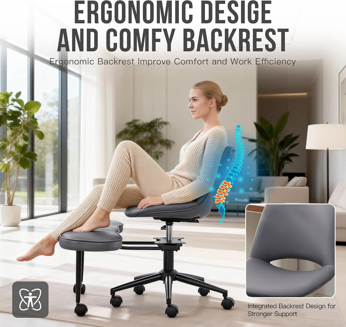 Ergonomic Cross Legged Chair with High Lumbar Support, 360° Swivel Meditation Chair with Wheels - Adjustable Height for ADHD Desk & Yoga, PU Leather Yoga Stool for Home, Black