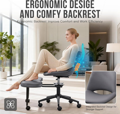 Ergonomic Cross Legged Chair with High Lumbar Support, 360° Swivel Meditation Chair with Wheels - Adjustable Height for ADHD Desk & Yoga, PU Leather Yoga Stool for Home, Black