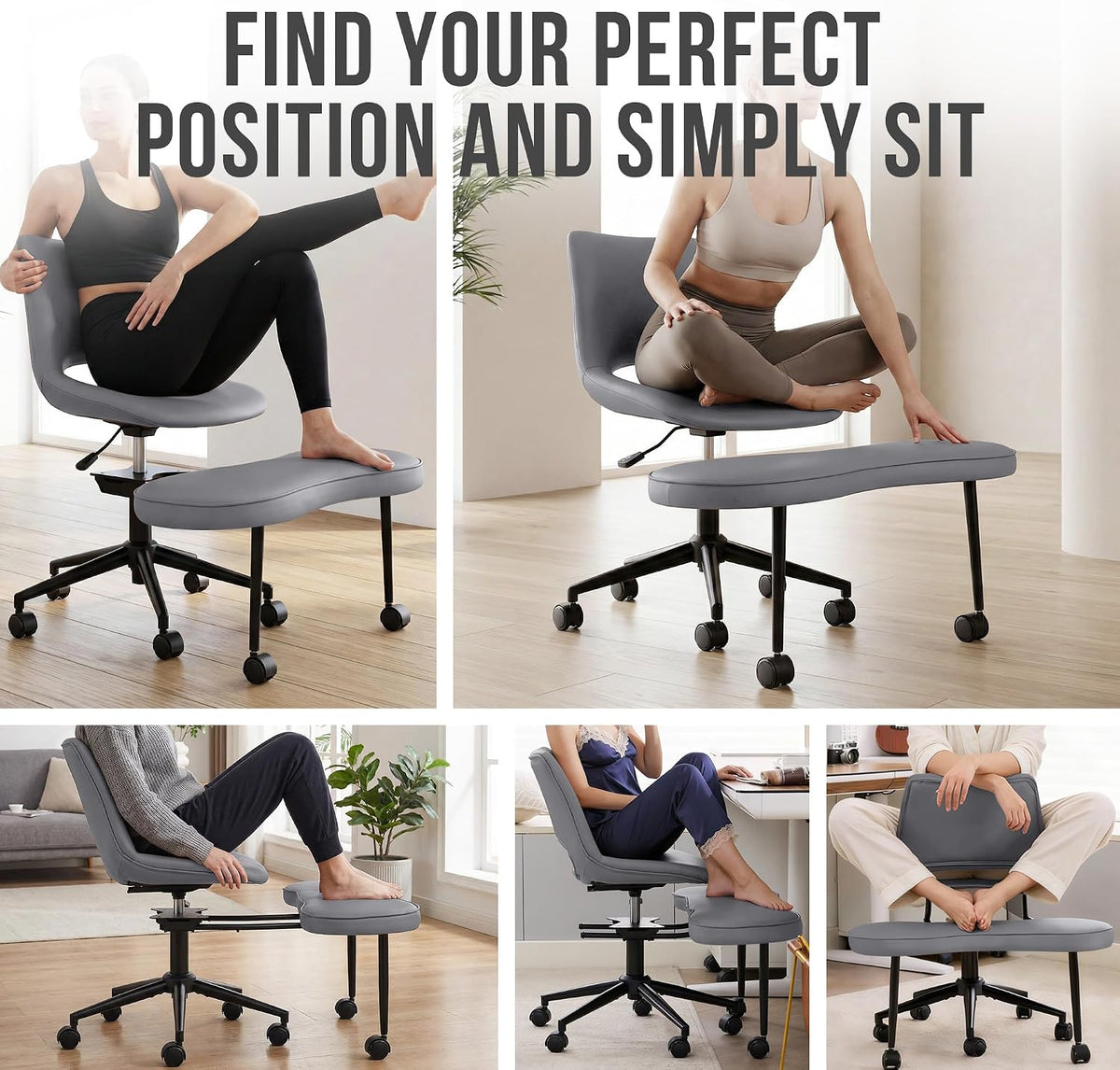 Ergonomic Cross Legged Chair with High Lumbar Support, 360° Swivel Meditation Chair with Wheels - Adjustable Height for ADHD Desk & Yoga, PU Leather Yoga Stool for Home, Black