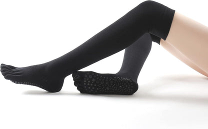 Yoga Pilates Toe Socks - Toeless With Grips for Women, Non-Slip Cushioned Over Knee Thigh High