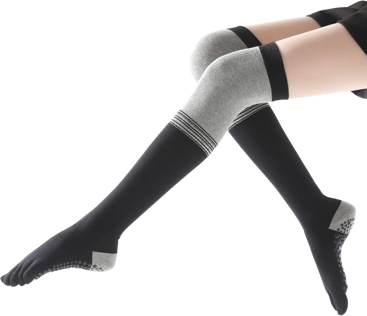 Yoga Pilates Toe Socks - Toeless With Grips for Women, Non-Slip Cushioned Over Knee Thigh High