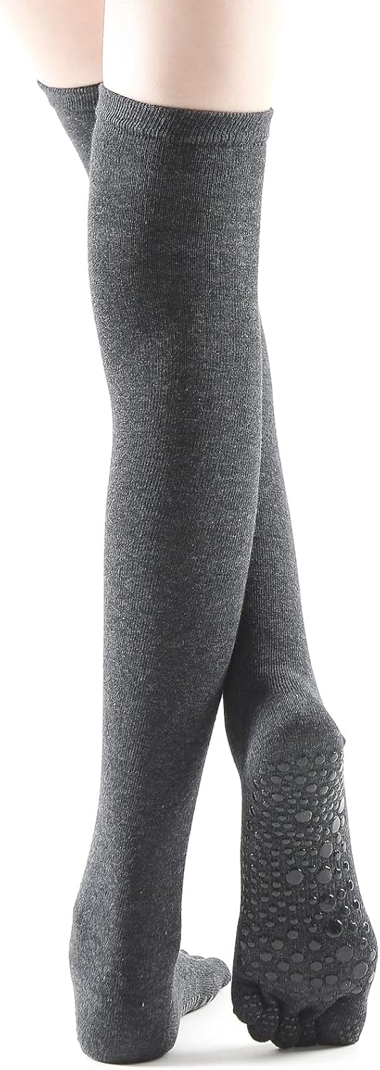 Yoga Pilates Toe Socks - Toeless With Grips for Women, Non-Slip Cushioned Over Knee Thigh High