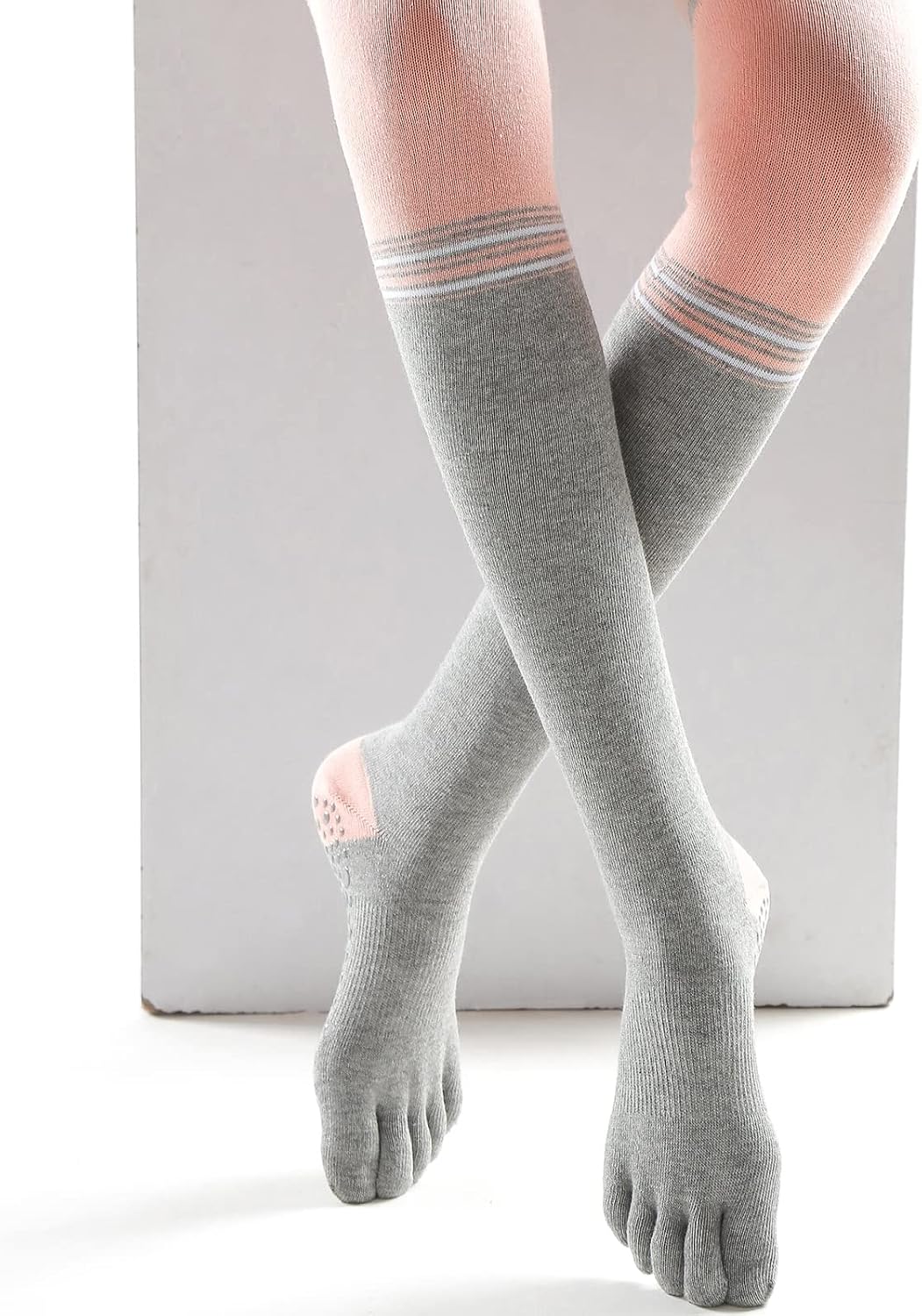 Yoga Pilates Toe Socks - Toeless With Grips for Women, Non-Slip Cushioned Over Knee Thigh High