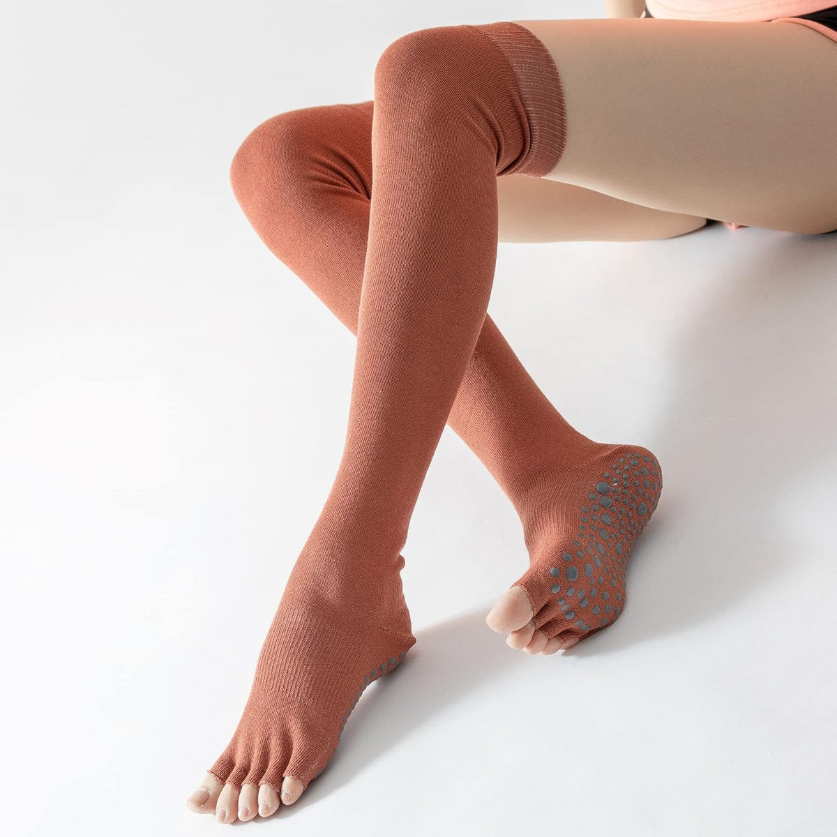 Yoga Pilates Toe Socks - Toeless With Grips for Women, Non-Slip Cushioned Over Knee Thigh High