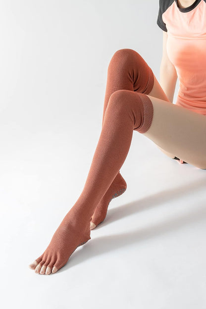 Yoga Pilates Toe Socks - Toeless With Grips for Women, Non-Slip Cushioned Over Knee Thigh High
