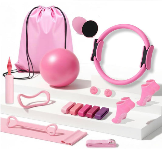Pilates Kit for Home Workouts, Pilates Starter Kit for Women, Yoga Band, Pilates Equipment Ring and Ball Set & 5 Resistance Bands, Massage Balls, Core Sliders & Grip Socks