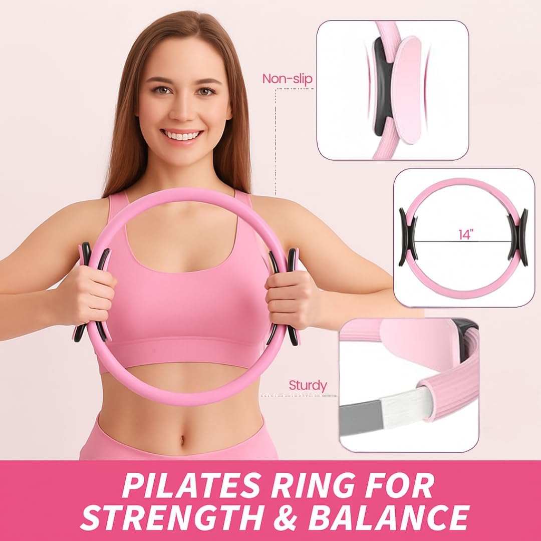 Pilates Kit for Home Workouts, Pilates Starter Kit for Women, Yoga Band, Pilates Equipment Ring and Ball Set & 5 Resistance Bands, Massage Balls, Core Sliders & Grip Socks