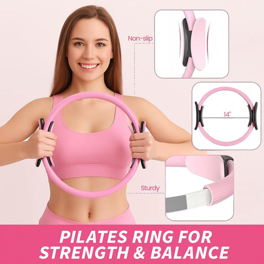 Pilates Kit for Home Workouts, Pilates Starter Kit for Women, Yoga Band, Pilates Equipment Ring and Ball Set & 5 Resistance Bands, Massage Balls, Core Sliders & Grip Socks