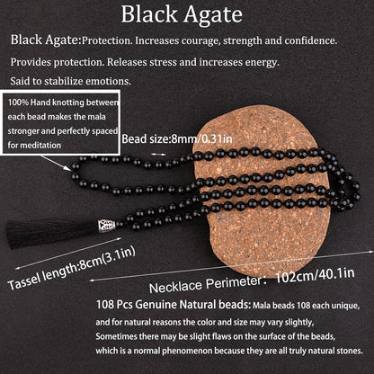 KIKILA Mala Beads 108 Natural Stone GemStones Japamala Yoga Meditation Hand Knotted Beaded Tassel Necklace for Women Men