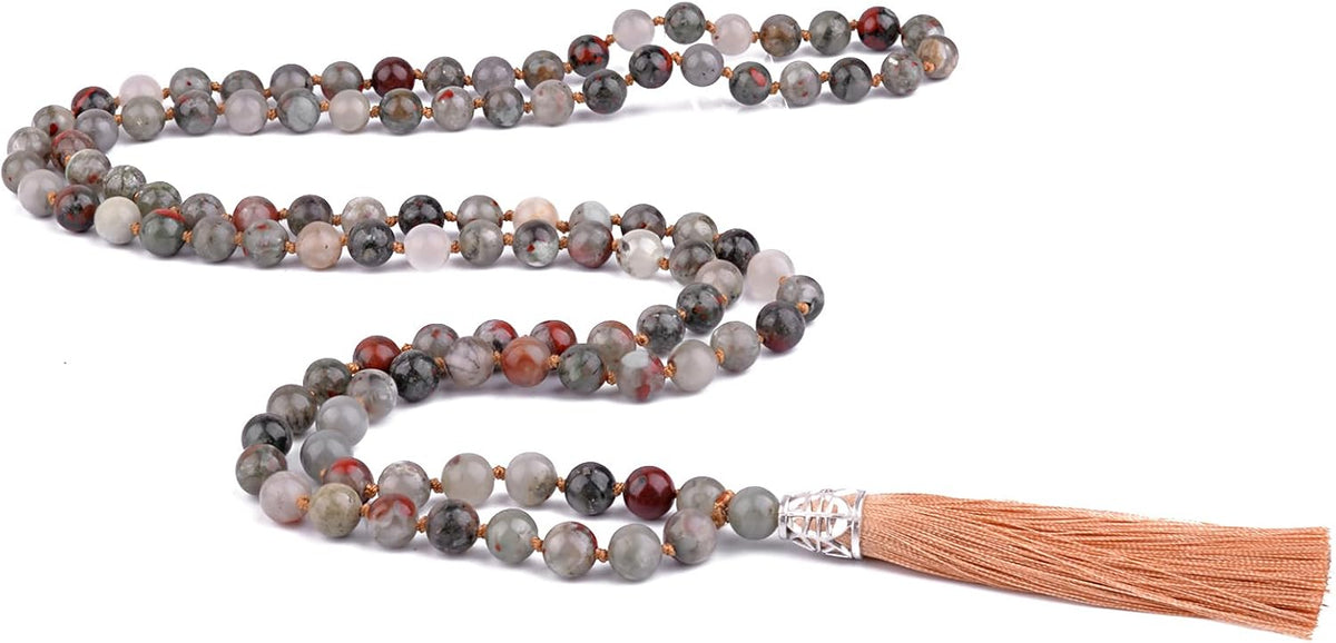 KIKILA Mala Beads 108 Natural Stone GemStones Japamala Yoga Meditation Hand Knotted Beaded Tassel Necklace for Women Men