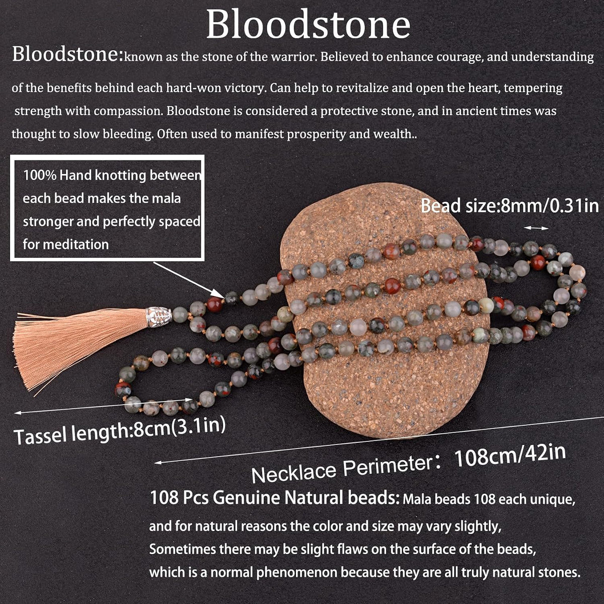 KIKILA Mala Beads 108 Natural Stone GemStones Japamala Yoga Meditation Hand Knotted Beaded Tassel Necklace for Women Men