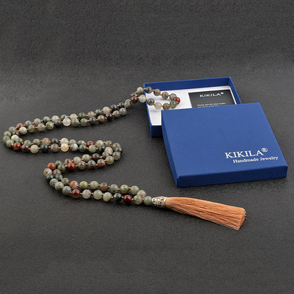 KIKILA Mala Beads 108 Natural Stone GemStones Japamala Yoga Meditation Hand Knotted Beaded Tassel Necklace for Women Men