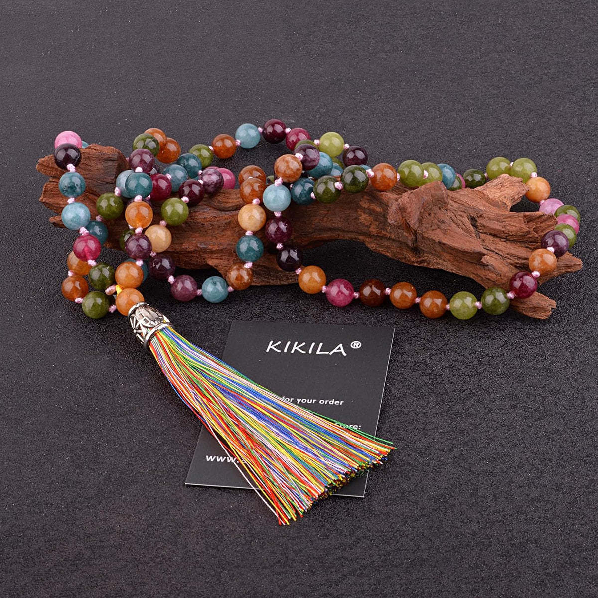 KIKILA Mala Beads 108 Natural Stone GemStones Japamala Yoga Meditation Hand Knotted Beaded Tassel Necklace for Women Men