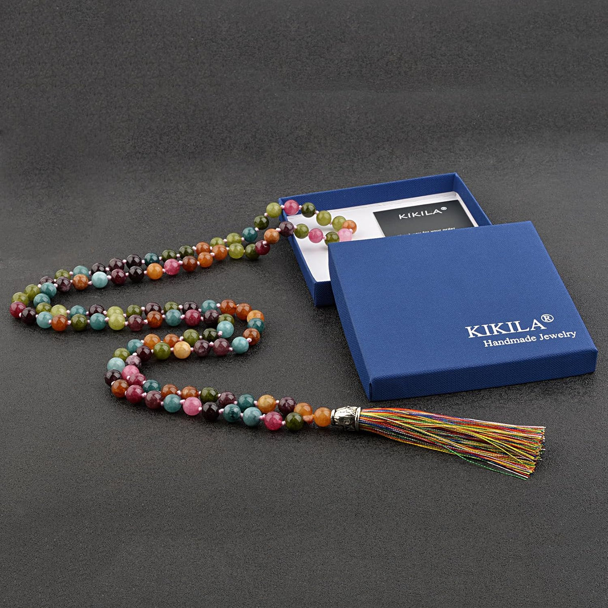 KIKILA Mala Beads 108 Natural Stone GemStones Japamala Yoga Meditation Hand Knotted Beaded Tassel Necklace for Women Men