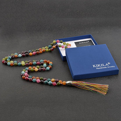 KIKILA Mala Beads 108 Natural Stone GemStones Japamala Yoga Meditation Hand Knotted Beaded Tassel Necklace for Women Men