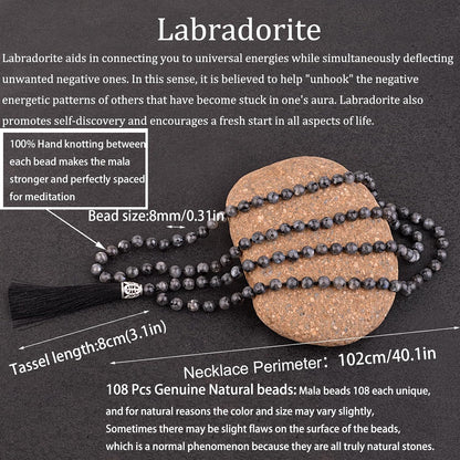 KIKILA Mala Beads 108 Natural Stone GemStones Japamala Yoga Meditation Hand Knotted Beaded Tassel Necklace for Women Men