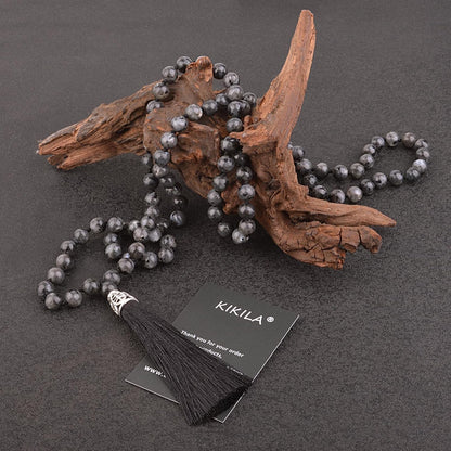 KIKILA Mala Beads 108 Natural Stone GemStones Japamala Yoga Meditation Hand Knotted Beaded Tassel Necklace for Women Men
