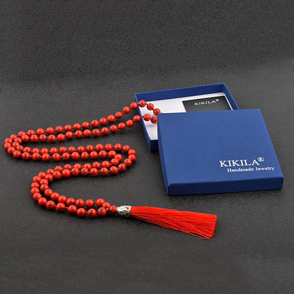 KIKILA Mala Beads 108 Natural Stone GemStones Japamala Yoga Meditation Hand Knotted Beaded Tassel Necklace for Women Men