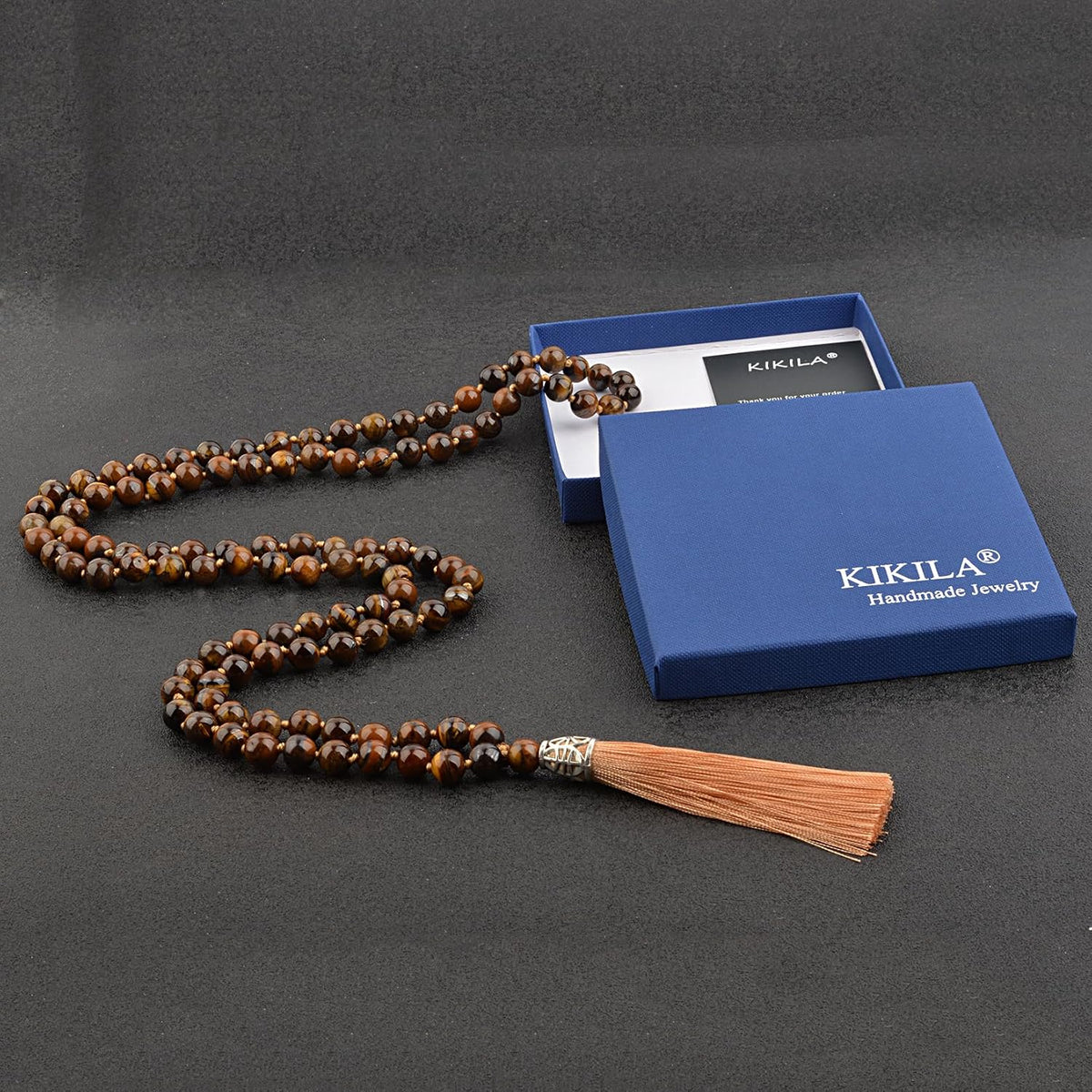 KIKILA Mala Beads 108 Natural Stone GemStones Japamala Yoga Meditation Hand Knotted Beaded Tassel Necklace for Women Men