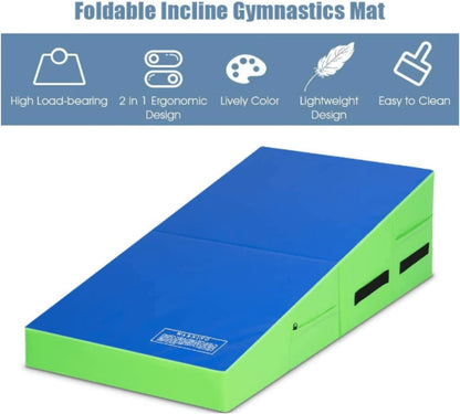 Incline Gymnastics Mat, 48x24 Inch Foldding Gymnastic Tumbling Mat with Handle, Cheese Wedge Skill Shape, Indoor/Outdoor Exercise Mat Home Gym Yoga Mat for Kids Tumbling, Skill Training