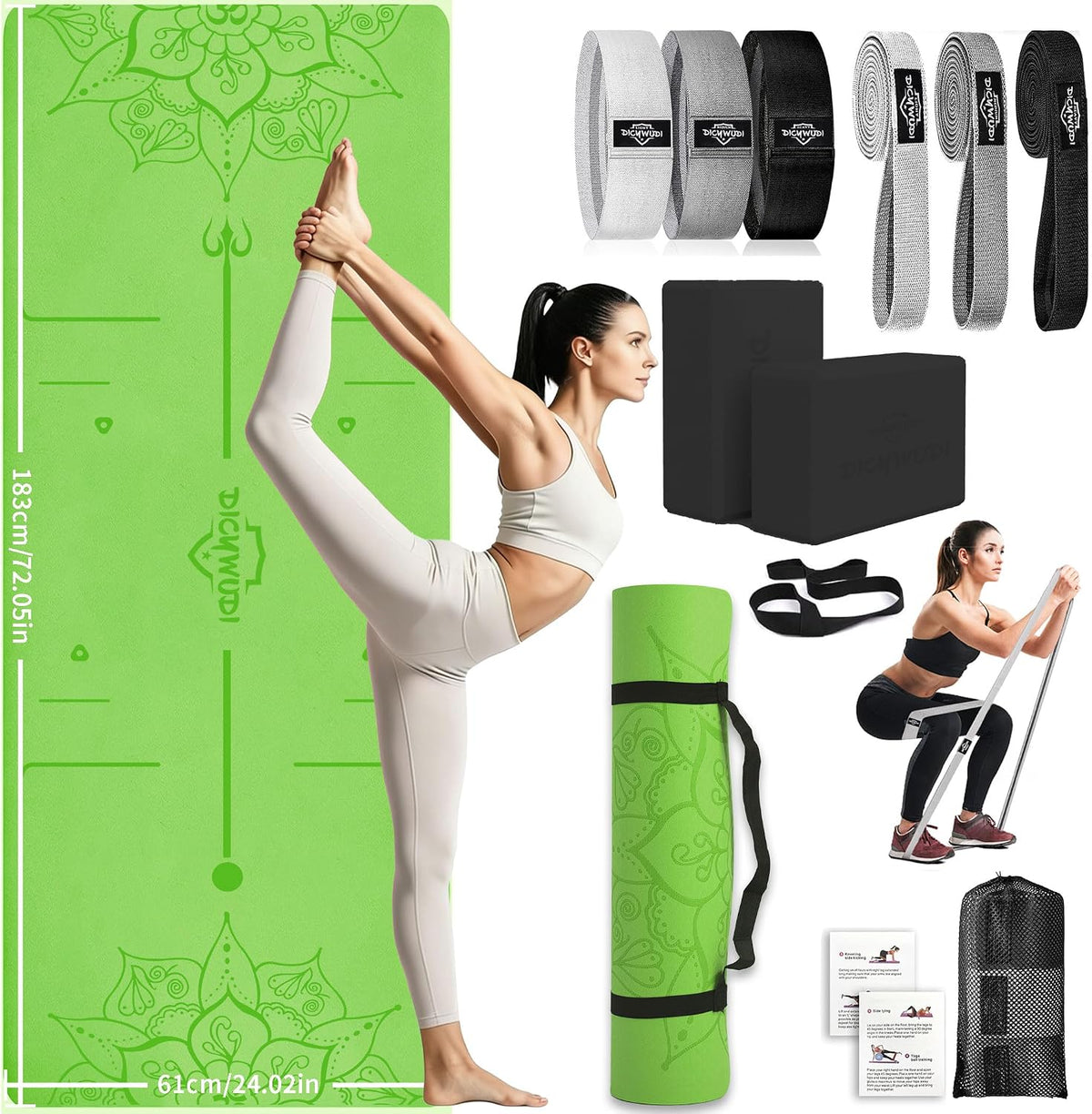 DICYWUDI Yoga Mat Thick, 6 Fabric Resistance Bands, 2 Pack Yoga Blocks, Home Workout Equipment Essentials Starter Kit for Beginners Full Body Toning