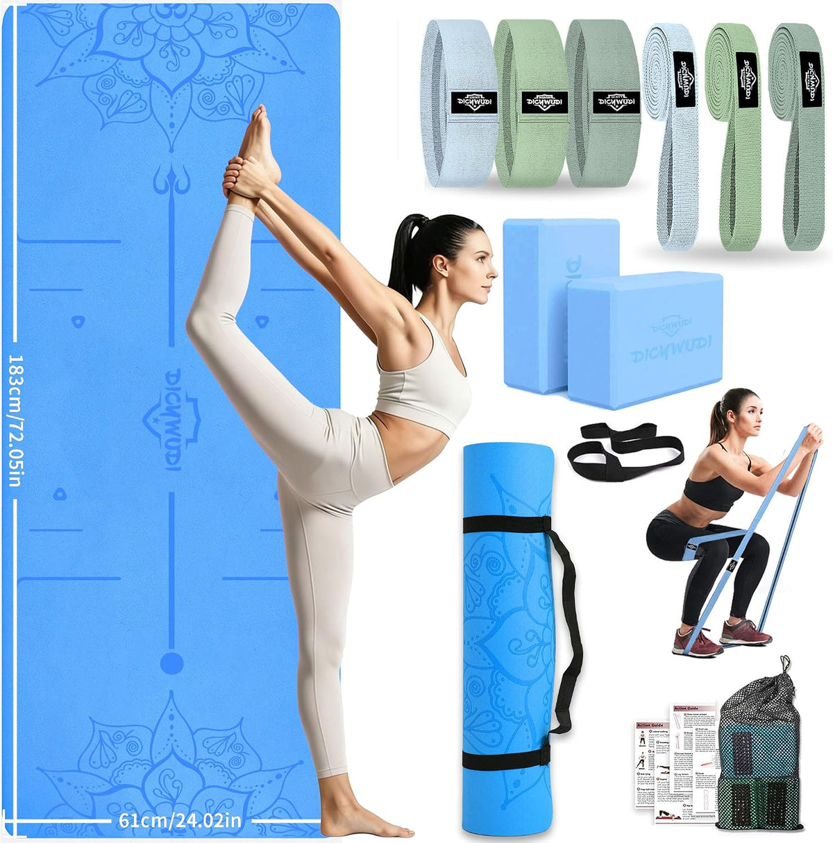 DICYWUDI Yoga Mat Thick, 6 Fabric Resistance Bands, 2 Pack Yoga Blocks, Home Workout Equipment Essentials Starter Kit for Beginners Full Body Toning