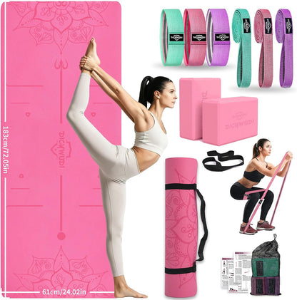 DICYWUDI Yoga Mat Thick, 6 Fabric Resistance Bands, 2 Pack Yoga Blocks, Home Workout Equipment Essentials Starter Kit for Beginners Full Body Toning