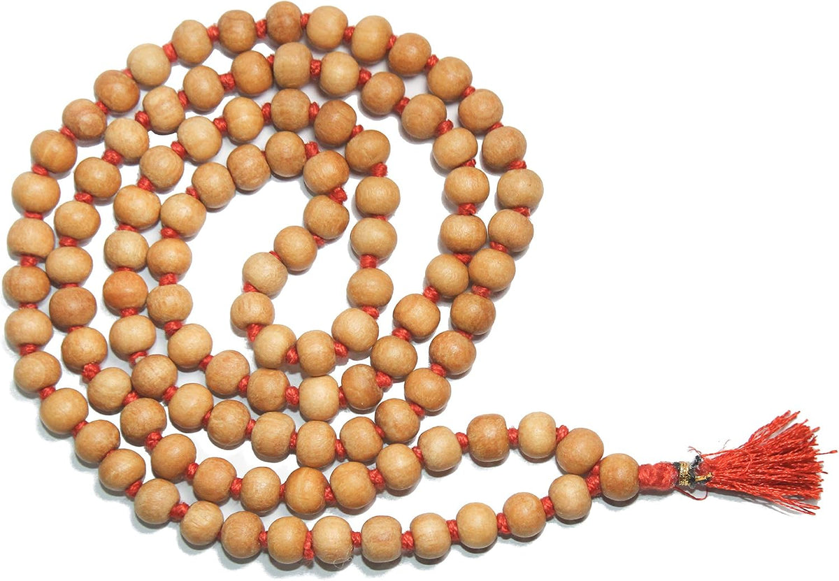 IS4A 8MM TULSI HOLY BASIL PRAYER BEADS JAPA MALA NECKLACE HAND KNOTTED. KARMA 108+1=109 BEADS. BLESSED & ENERGIZED HINDU TIBETAN BUDDHIST SUBHA ROSARY RED TESSEL