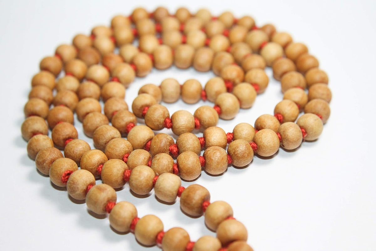 IS4A 8MM TULSI HOLY BASIL PRAYER BEADS JAPA MALA NECKLACE HAND KNOTTED. KARMA 108+1=109 BEADS. BLESSED & ENERGIZED HINDU TIBETAN BUDDHIST SUBHA ROSARY RED TESSEL