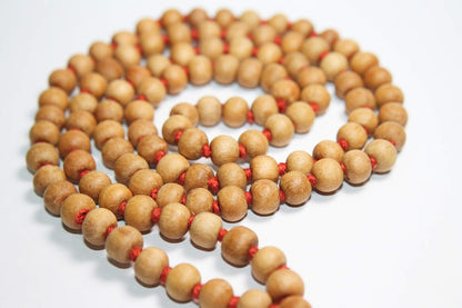 IS4A 8MM TULSI HOLY BASIL PRAYER BEADS JAPA MALA NECKLACE HAND KNOTTED. KARMA 108+1=109 BEADS. BLESSED & ENERGIZED HINDU TIBETAN BUDDHIST SUBHA ROSARY RED TESSEL