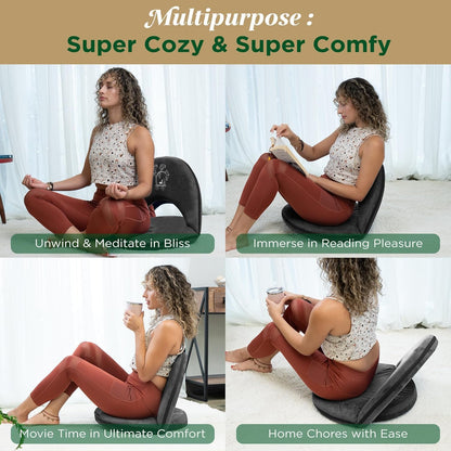Adjustable Japanese Floor Chair with Back Support for Adults | Premium Meditation Chair for Seating, Yoga & Gaming -Folding Backjack Floor Chair with 6 Recline Positions, Thick Padding & Vegan Leather