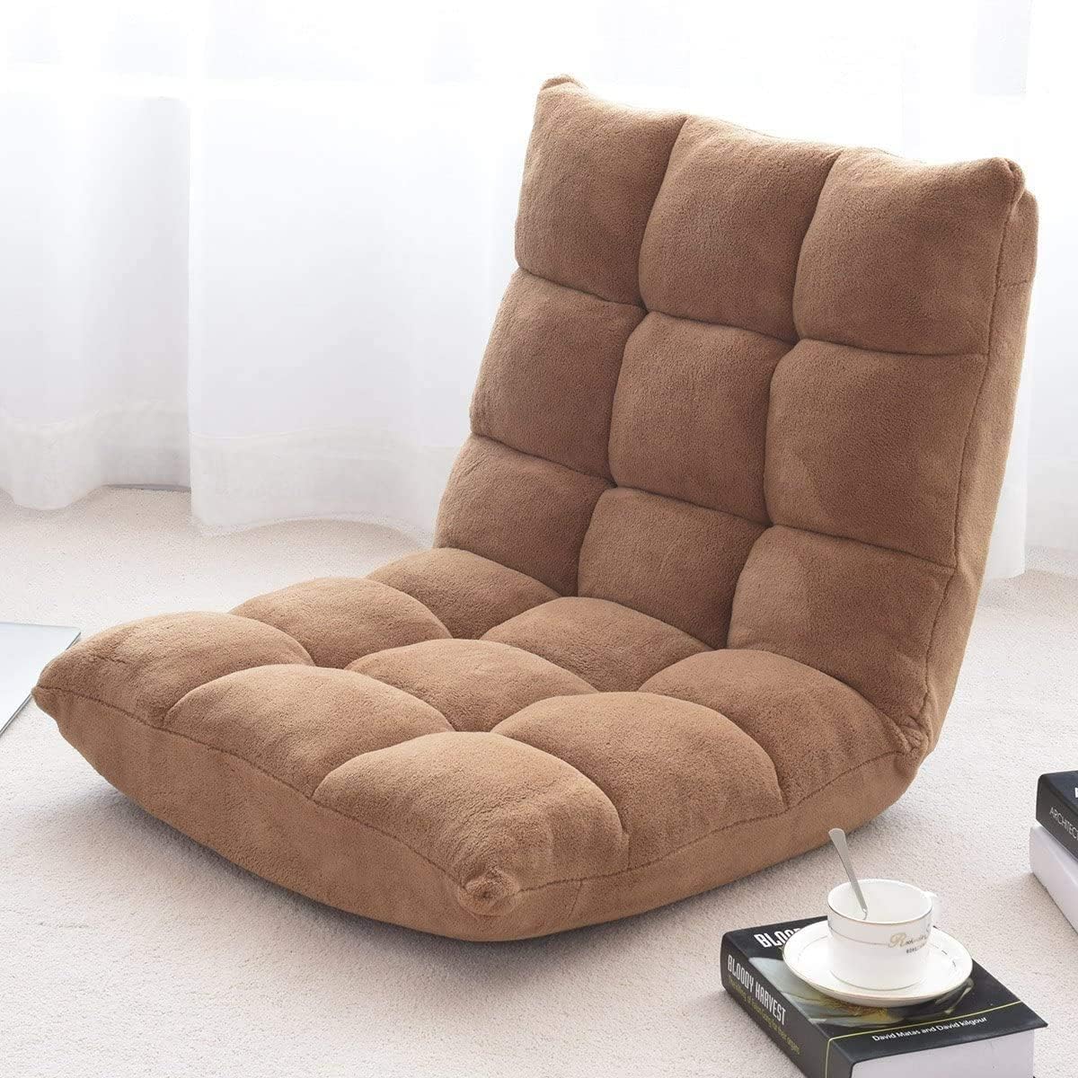 Cushioned Floor Chair, 14-Position Adjustable Padded Lazy Recliner with Comfortable Back Support and Skin-Friendly Cover, Great for Reading, Playing Game, Meditating (Beige)