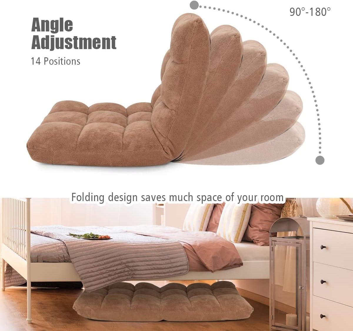 Cushioned Floor Chair, 14-Position Adjustable Padded Lazy Recliner with Comfortable Back Support and Skin-Friendly Cover, Great for Reading, Playing Game, Meditating (Beige)
