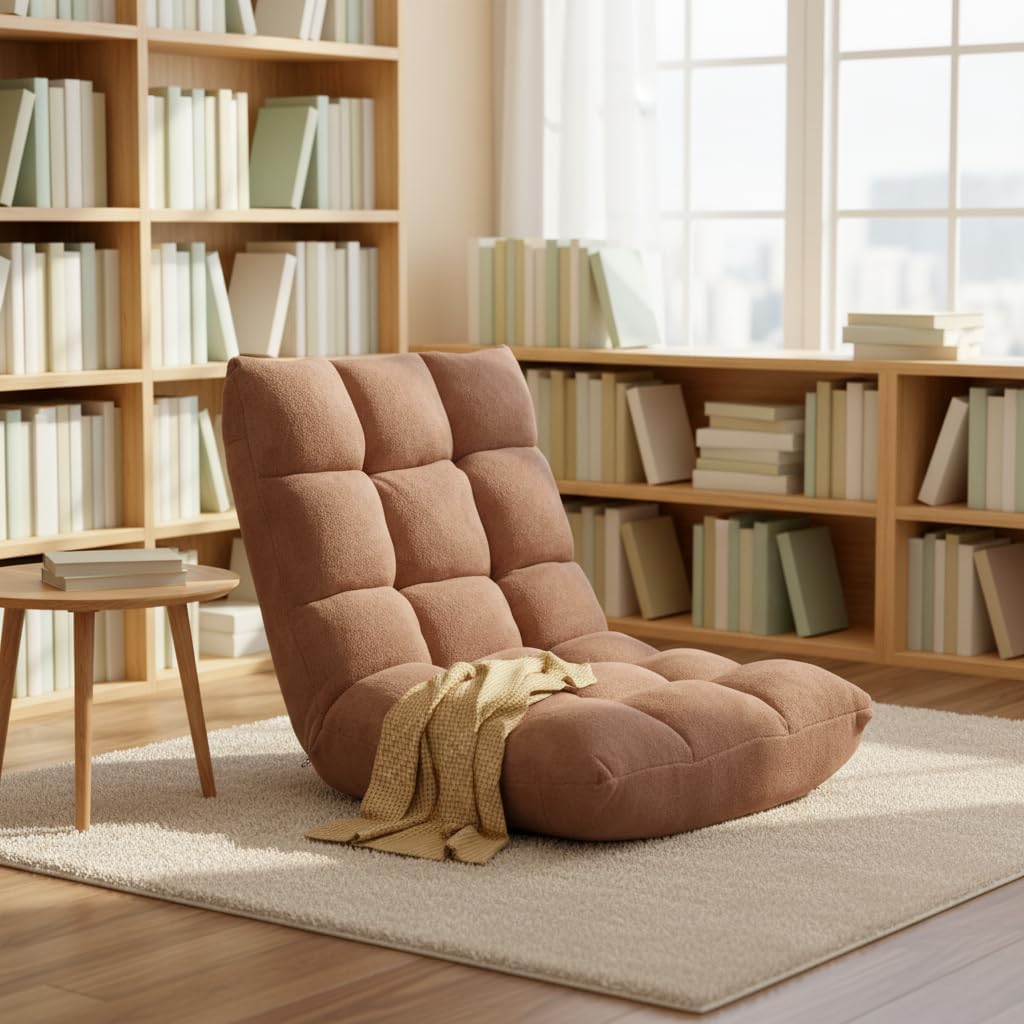 Cushioned Floor Chair, 14-Position Adjustable Padded Lazy Recliner with Comfortable Back Support and Skin-Friendly Cover, Great for Reading, Playing Game, Meditating (Beige)