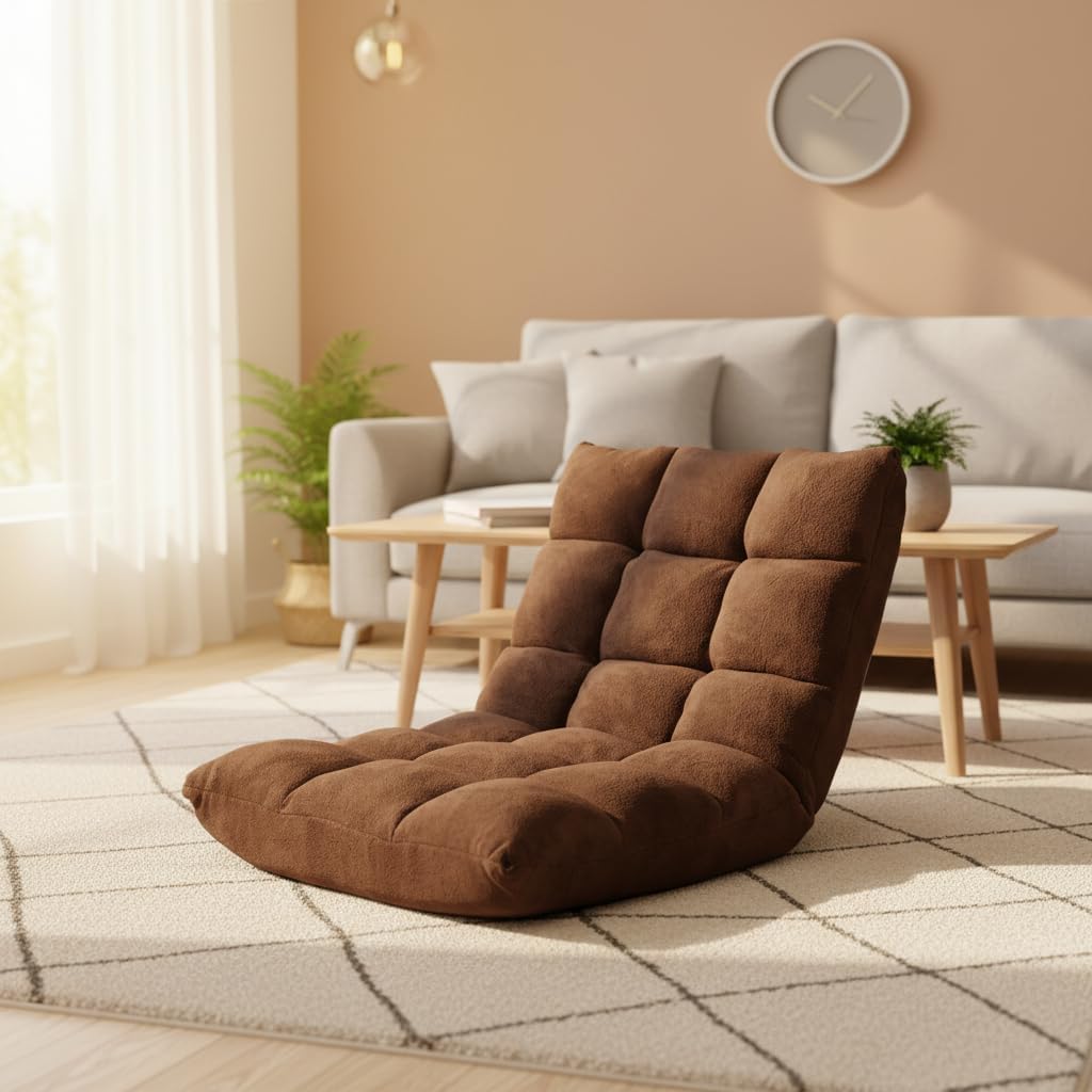 Cushioned Floor Chair, 14-Position Adjustable Padded Lazy Recliner with Comfortable Back Support and Skin-Friendly Cover, Great for Reading, Playing Game, Meditating (Beige)