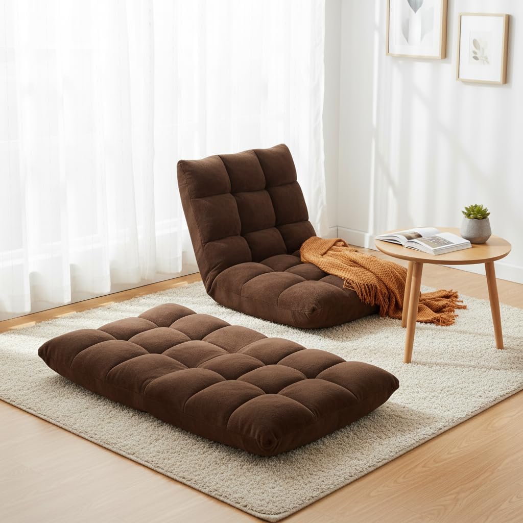 Cushioned Floor Chair, 14-Position Adjustable Padded Lazy Recliner with Comfortable Back Support and Skin-Friendly Cover, Great for Reading, Playing Game, Meditating (Beige)