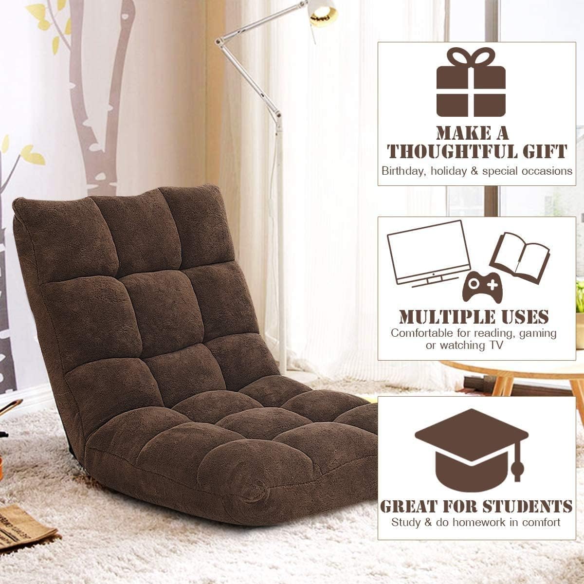 Cushioned Floor Chair, 14-Position Adjustable Padded Lazy Recliner with Comfortable Back Support and Skin-Friendly Cover, Great for Reading, Playing Game, Meditating (Beige)