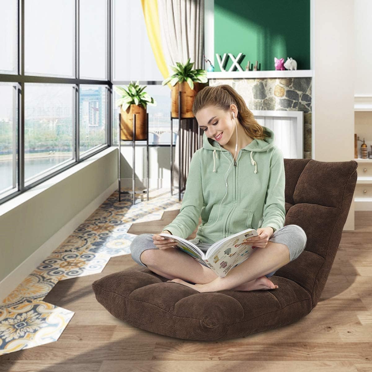 Cushioned Floor Chair, 14-Position Adjustable Padded Lazy Recliner with Comfortable Back Support and Skin-Friendly Cover, Great for Reading, Playing Game, Meditating (Beige)