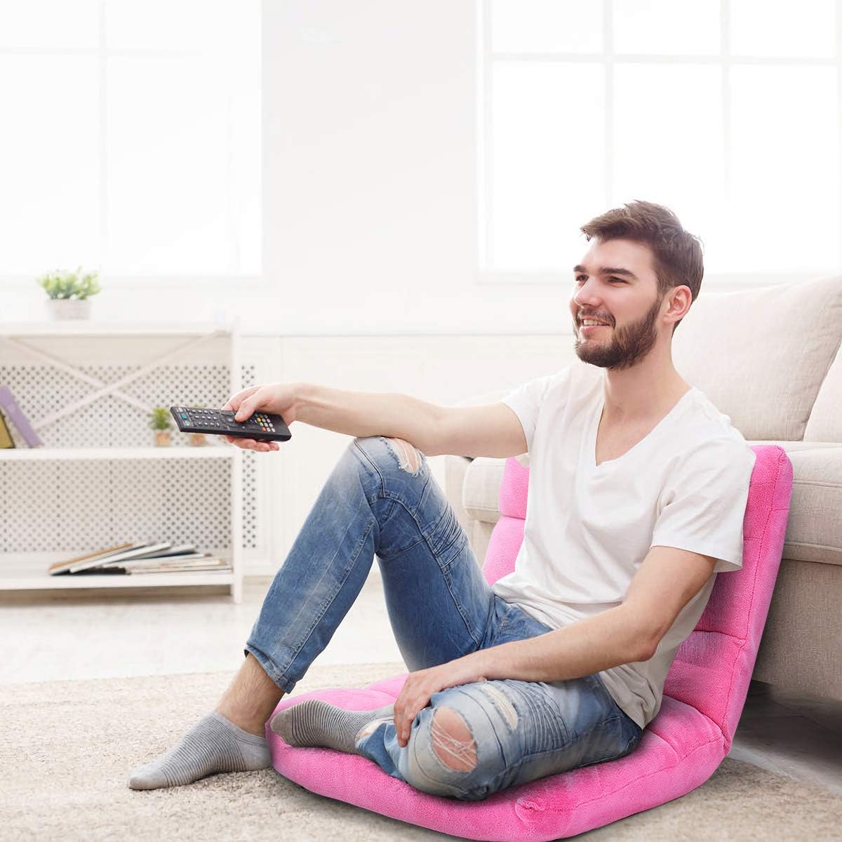 Cushioned Floor Chair, 14-Position Adjustable Padded Lazy Recliner with Comfortable Back Support and Skin-Friendly Cover, Great for Reading, Playing Game, Meditating (Beige)