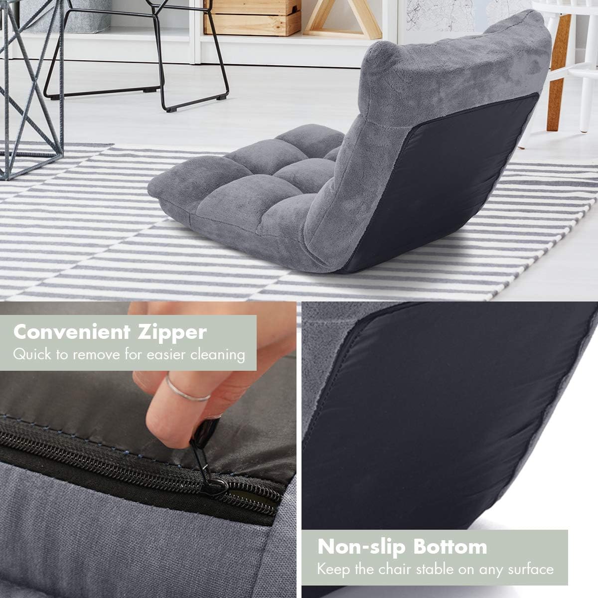 Cushioned Floor Chair, 14-Position Adjustable Padded Lazy Recliner with Comfortable Back Support and Skin-Friendly Cover, Great for Reading, Playing Game, Meditating (Beige)