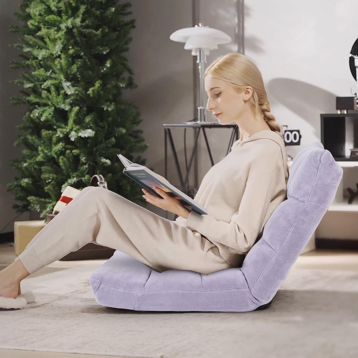 Cushioned Floor Chair, 14-Position Adjustable Padded Lazy Recliner with Comfortable Back Support and Skin-Friendly Cover, Great for Reading, Playing Game, Meditating (Beige)